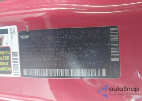 2008 Mini Cooper from USA, damaged, VIN WMWRF33588TG18627